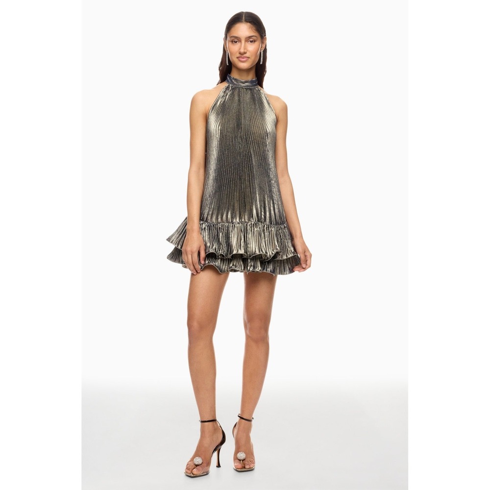 L'IDEE WOMAN soleil Mini Dress Gold Metallic Pleated Halter Ruffle